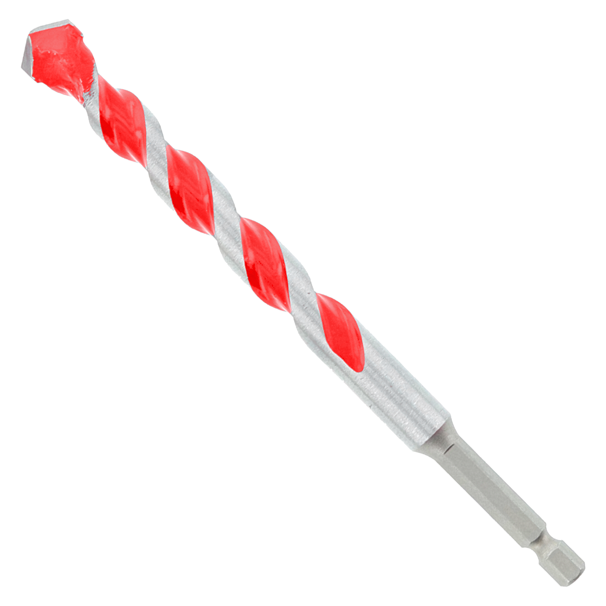 Red and gray carbide-tipped hammer drill bit with twisted flutes and hex shank.