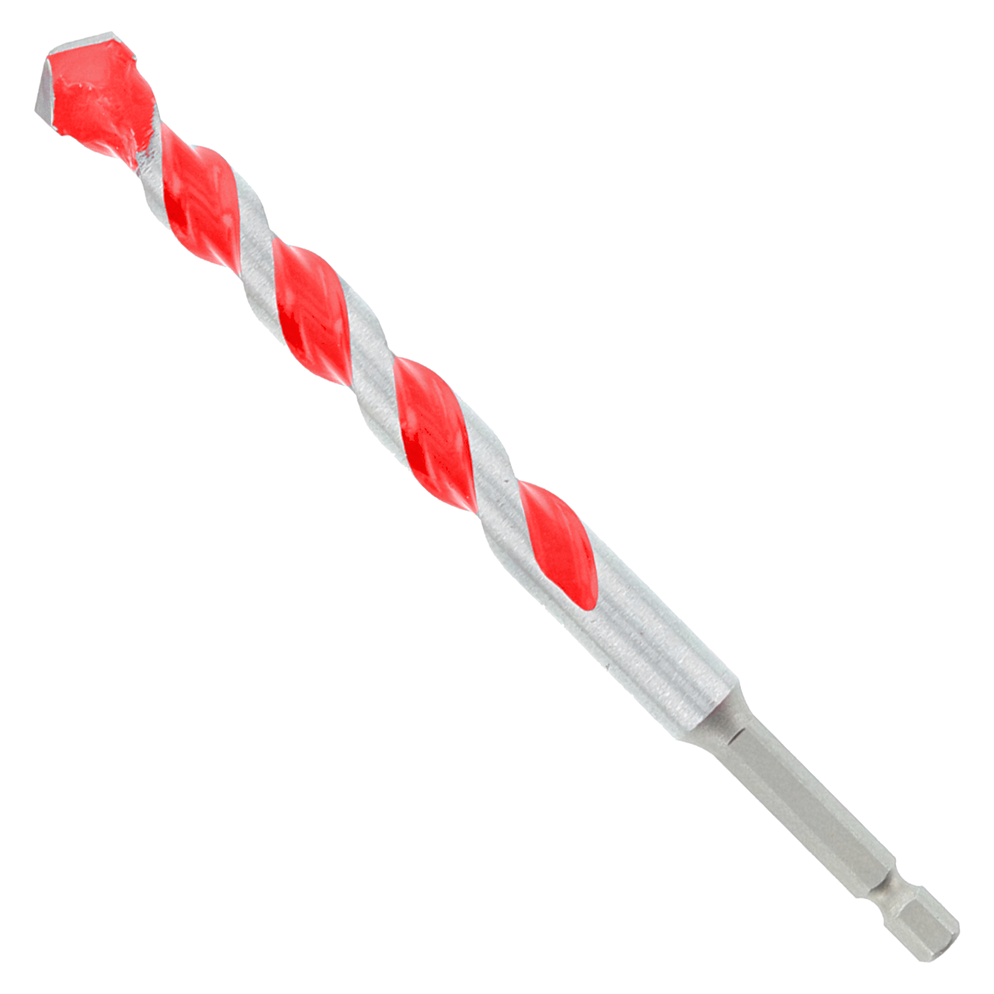 Red and gray carbide-tipped hammer drill bit with twisted flutes and hex shank.