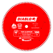 Red circular saw blade with 100 white teeth around edge, white center hole, and Diablo branding on red surface.
