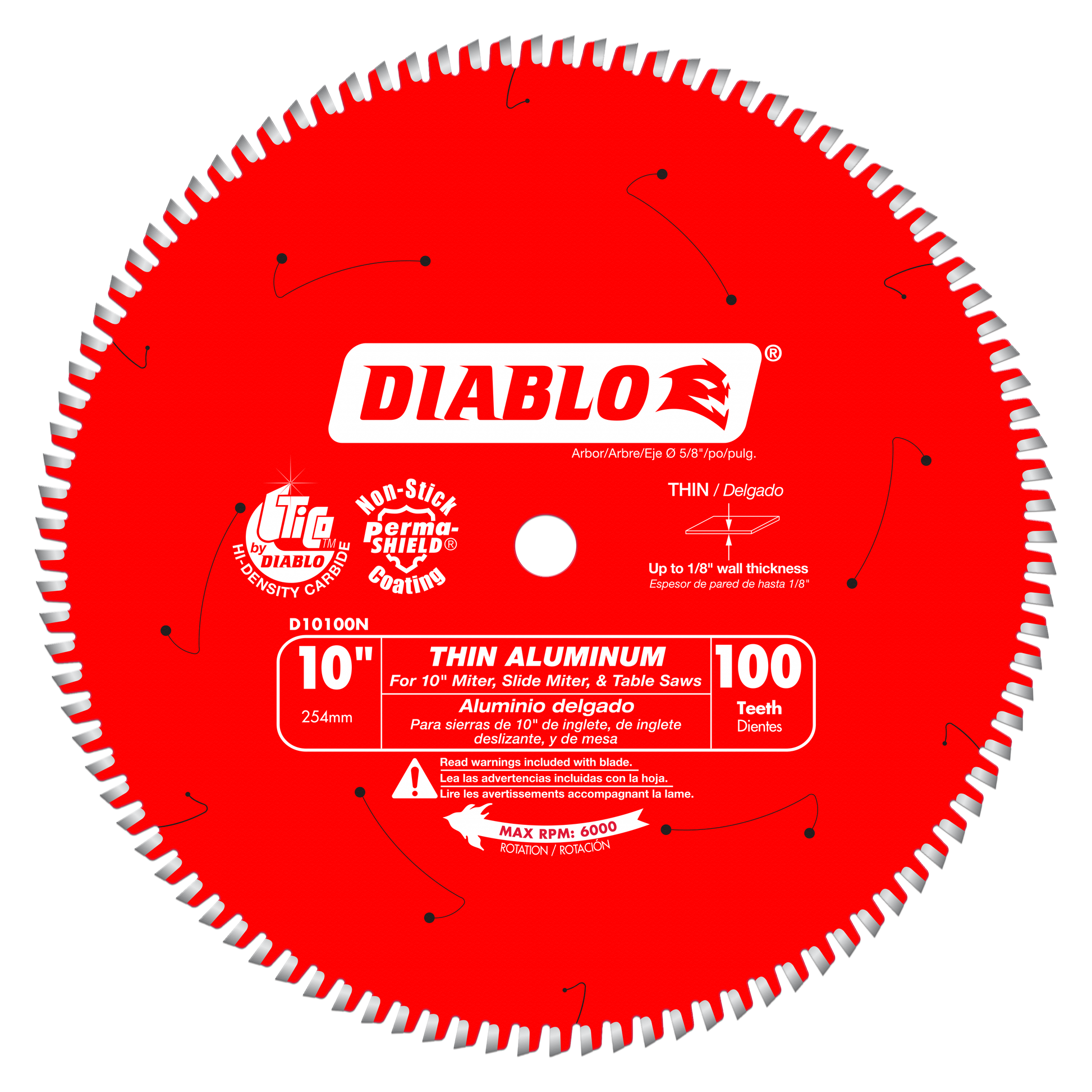 Red circular saw blade with 100 white teeth around edge, white center hole, and Diablo branding on red surface.