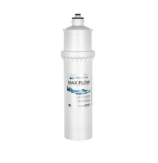 White cylindrical water filter cartridge with Max Flow label and threaded top connector.
