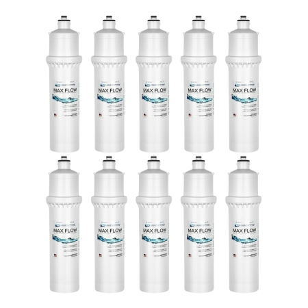 Ten white cylindrical Max Flow water filter replacement cartridges arranged in two rows of five.