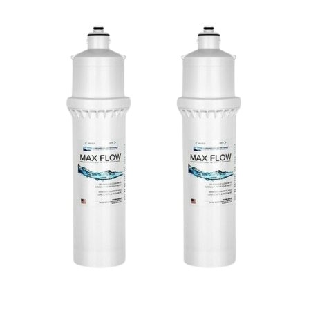 Two white cylindrical water filter cartridges with MAX FLOW labels and threaded tops.