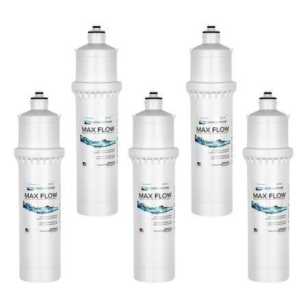 Five white cylindrical water filters with Max Flow labels and threaded tops arranged in a group.