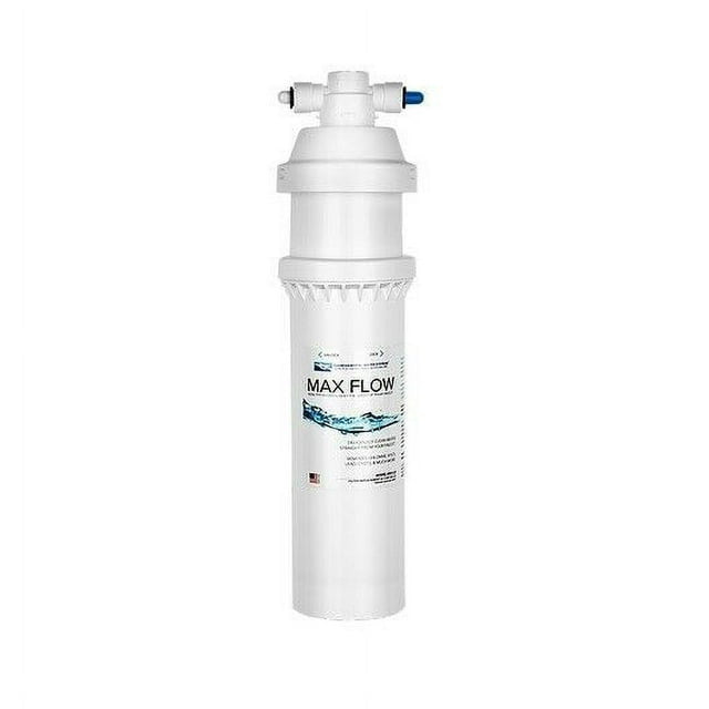 White cylindrical drinking water filter system with Max Flow label and valve connections at top.