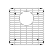 Stainless steel sink grid with rectangular grid pattern, circular drain opening, and black rubber corner feet.