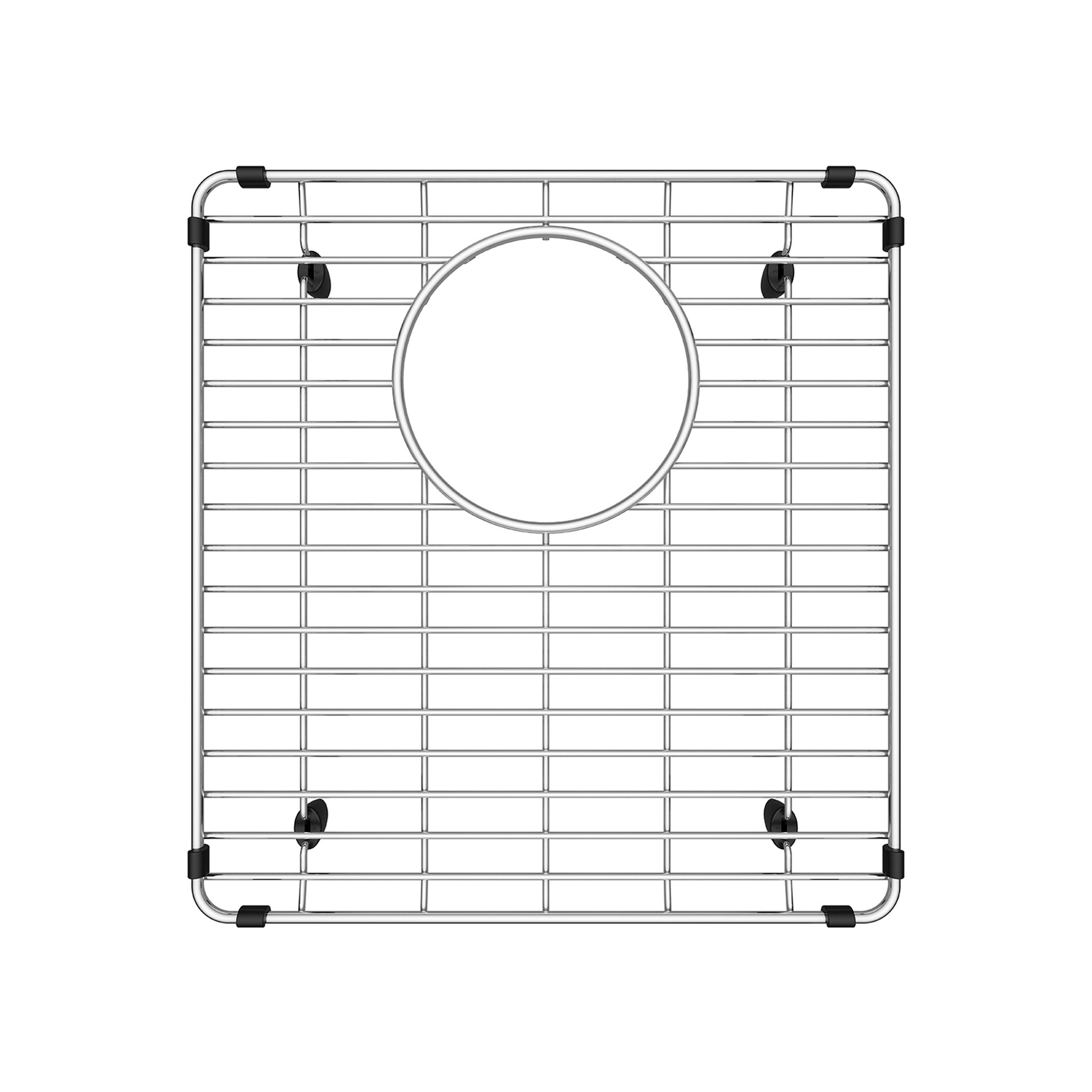 Stainless steel sink grid with rectangular grid pattern, circular drain opening, and black rubber corner feet.