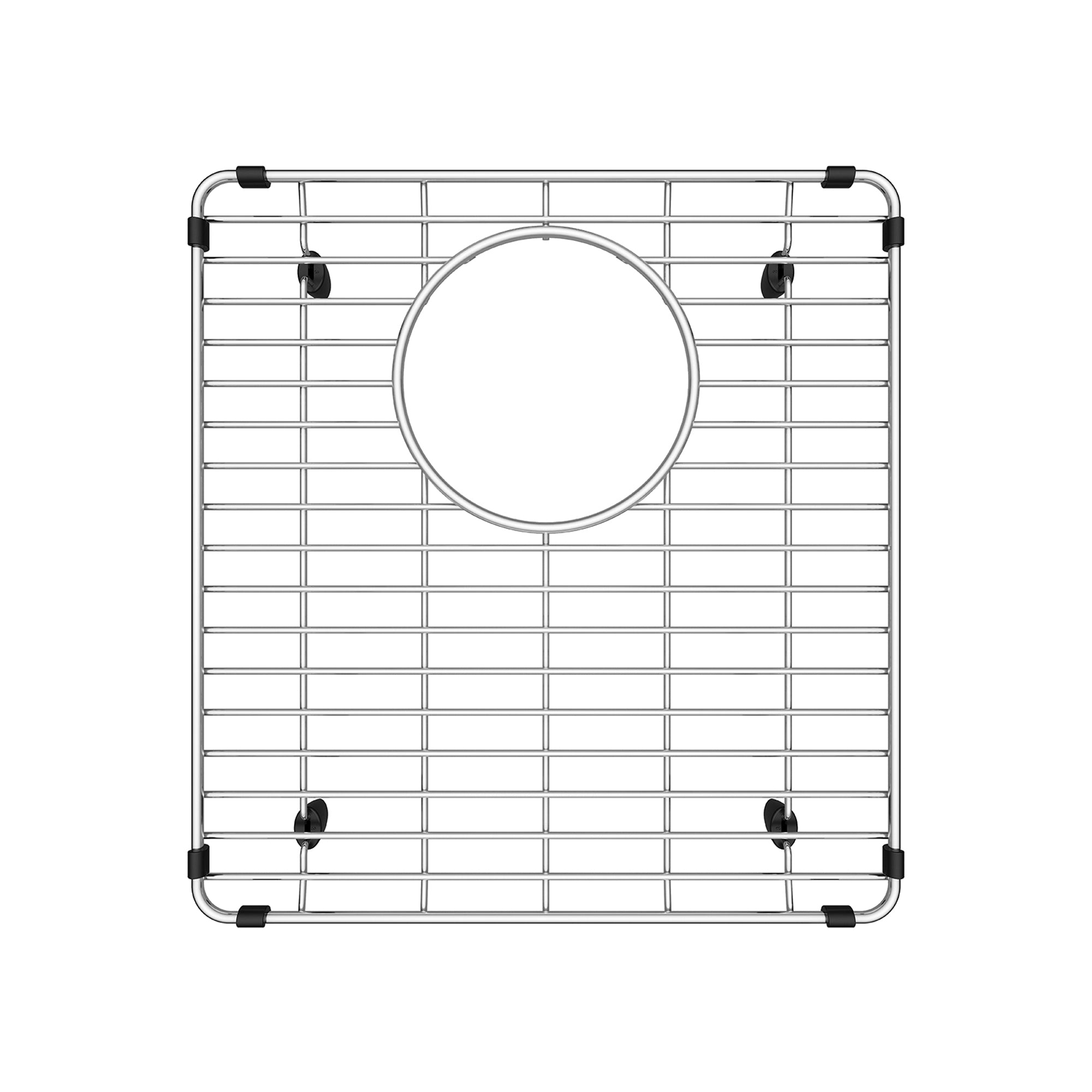 Stainless steel sink grid with rectangular grid pattern, circular drain opening, and black rubber corner feet.