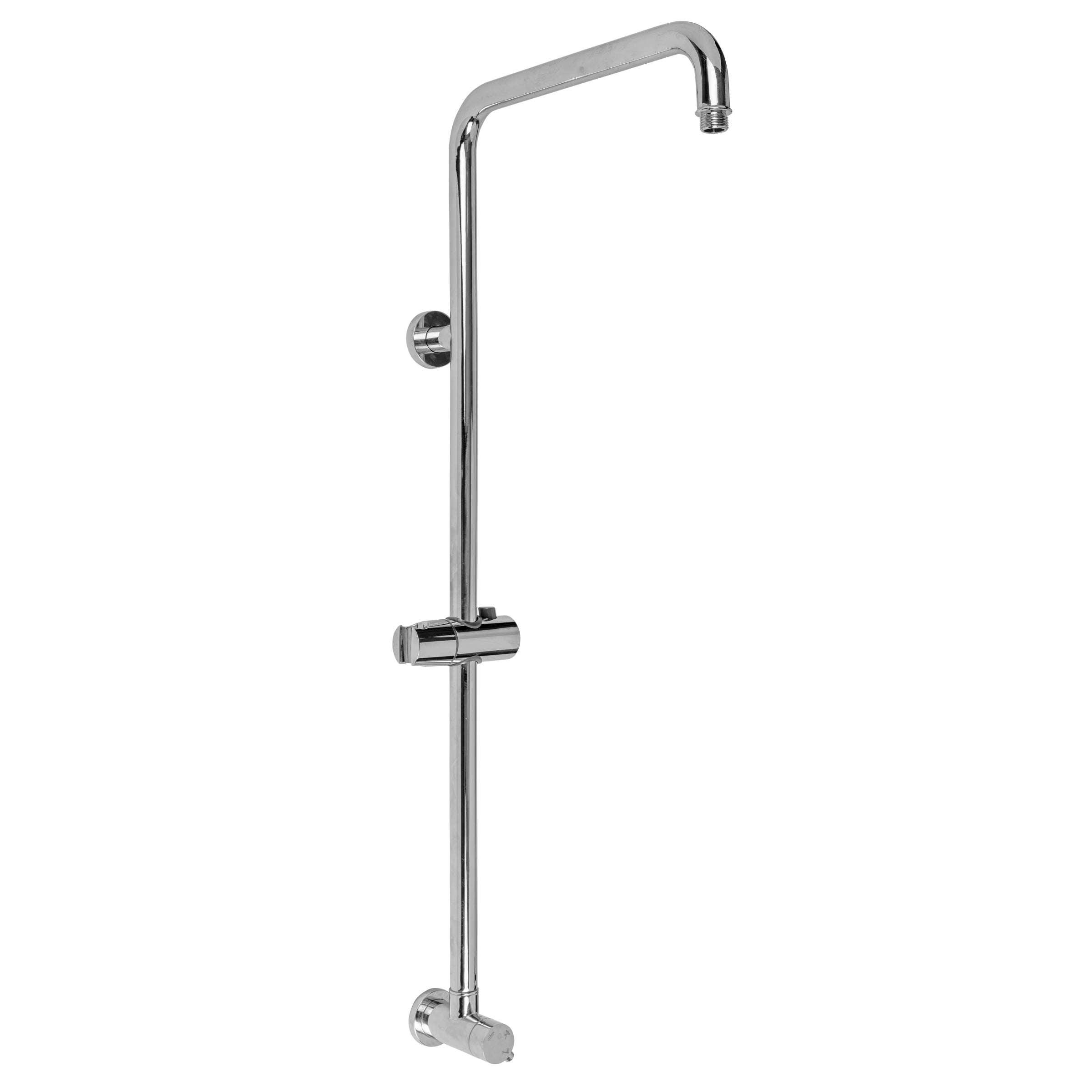 Satin nickel 90-degree exposed shower pipe with horizontal spray head and slide bar mount.