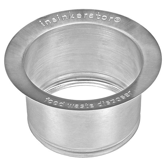 Stainless steel sink flange with InSinkErator branding and food waste disposer text embossed on rim.