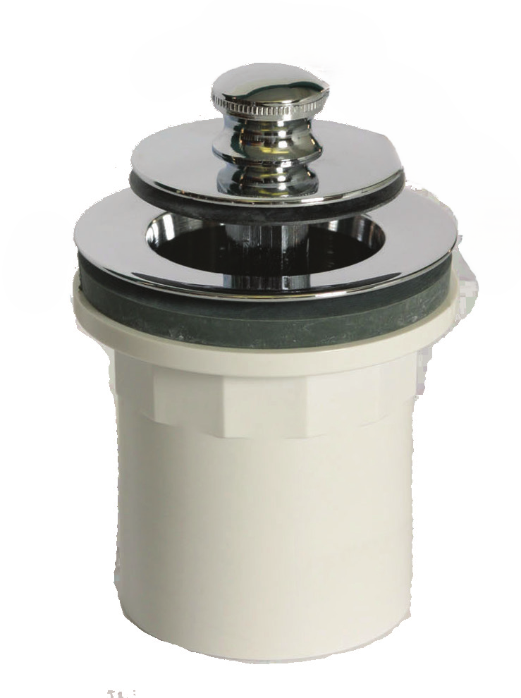 Chrome plated lift and turn tub drain stopper with white PVC adapter body and rubber seal ring.