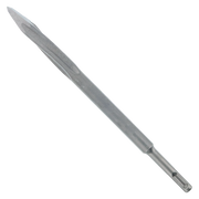 Gray metal SDS-Plus twist point chisel with pointed tip and fluted shaft against white background.