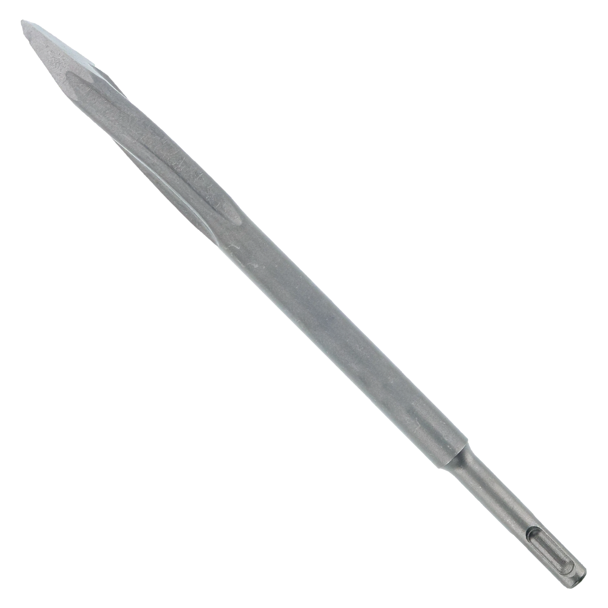 Gray metal SDS-Plus twist point chisel with pointed tip and fluted shaft against white background.