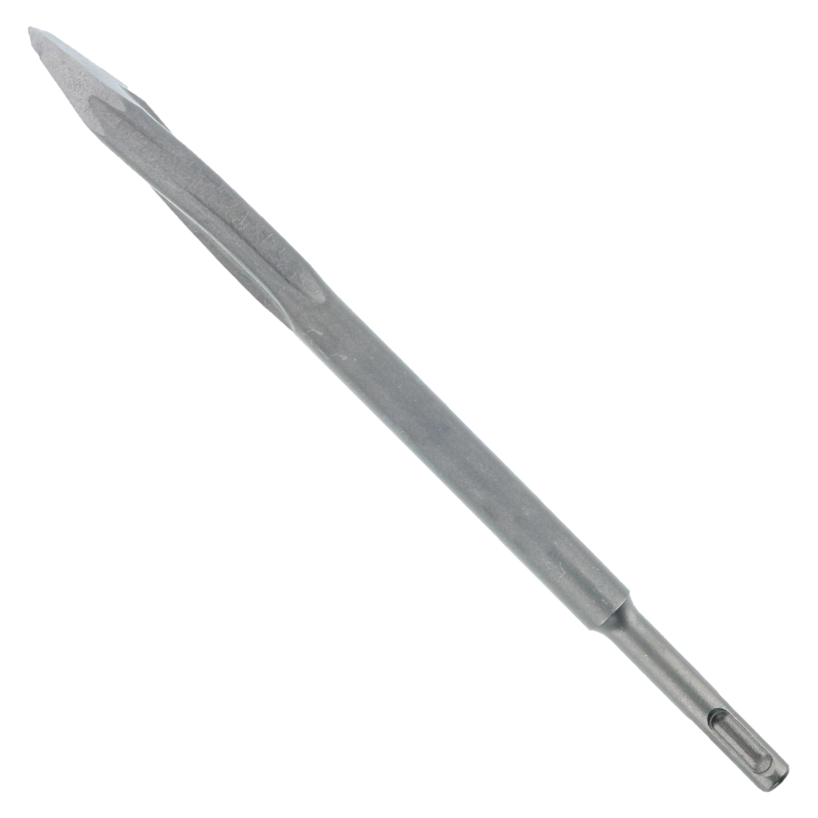 Gray metal SDS-Plus twist point chisel with pointed tip and fluted shaft against white background.