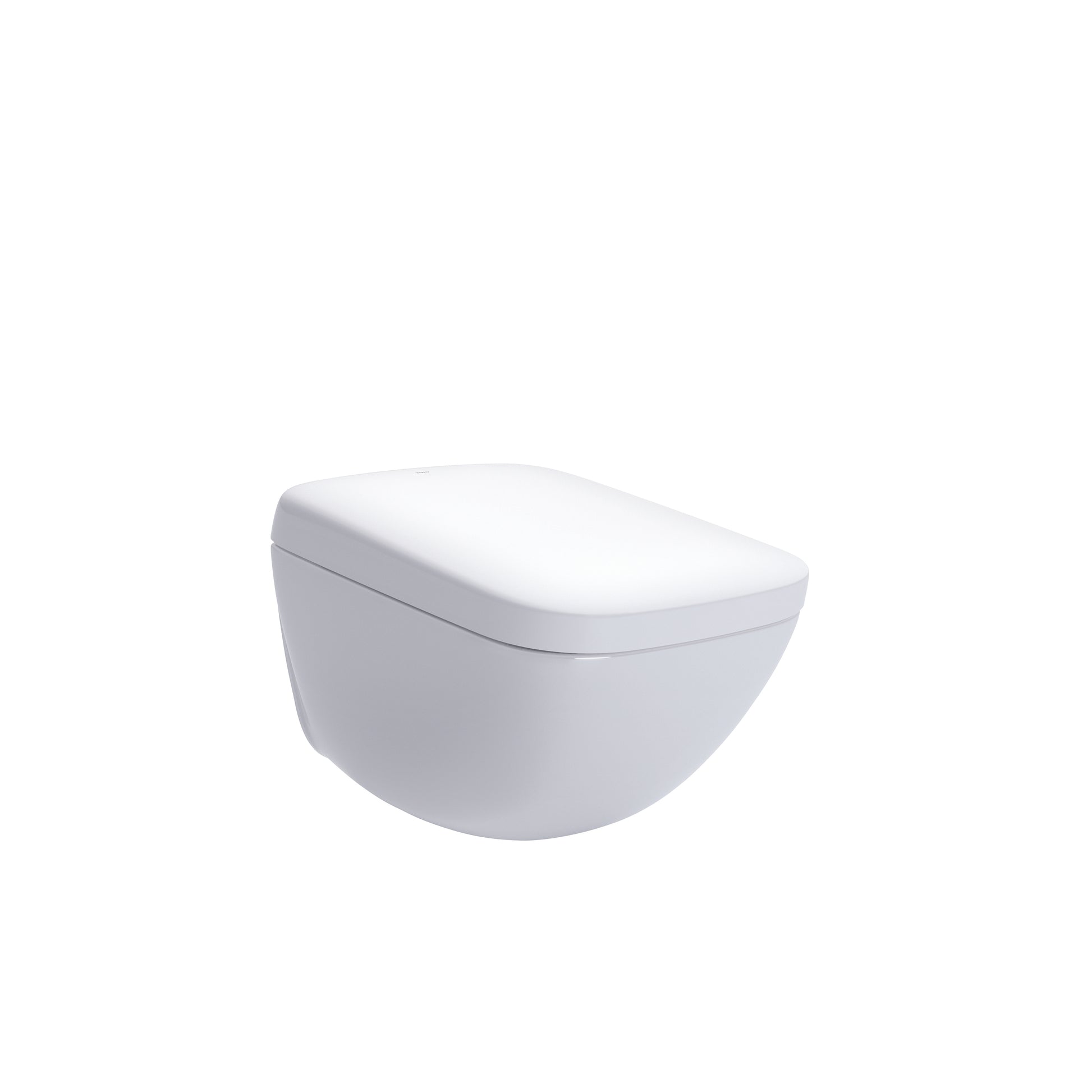 White wall-hung toilet with rounded square bowl and integrated bidet seat lid.