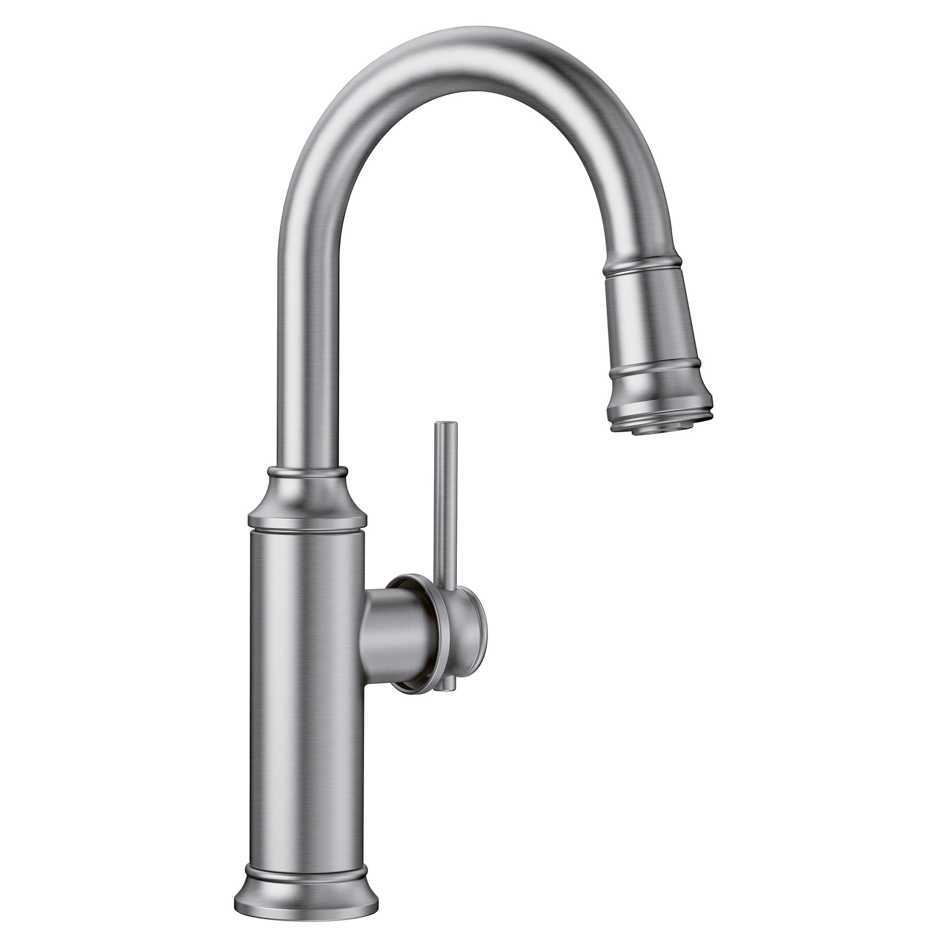 Stainless steel pull-down kitchen faucet with curved spout and single handle control.