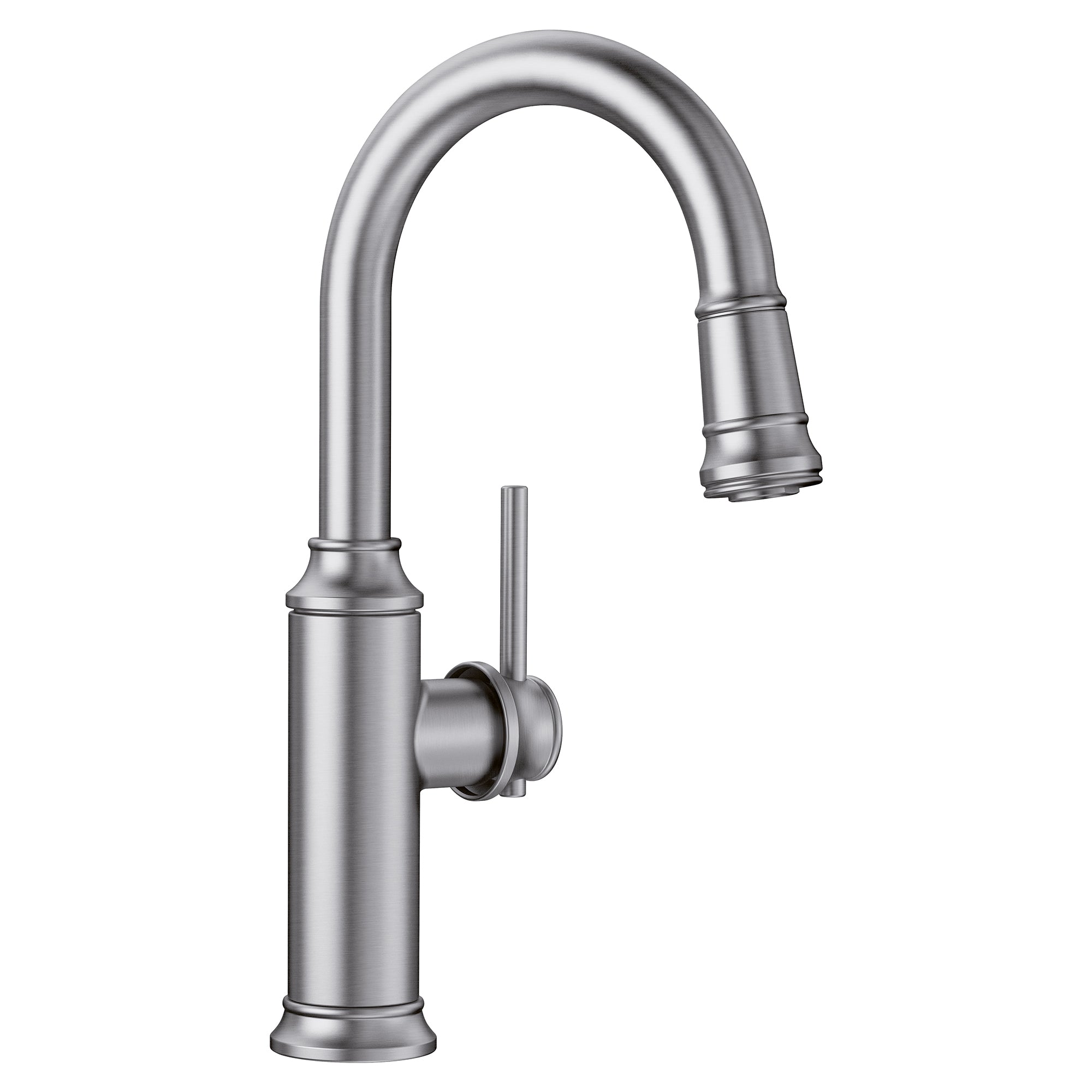 Stainless steel pull-down kitchen faucet with curved spout and single handle control.