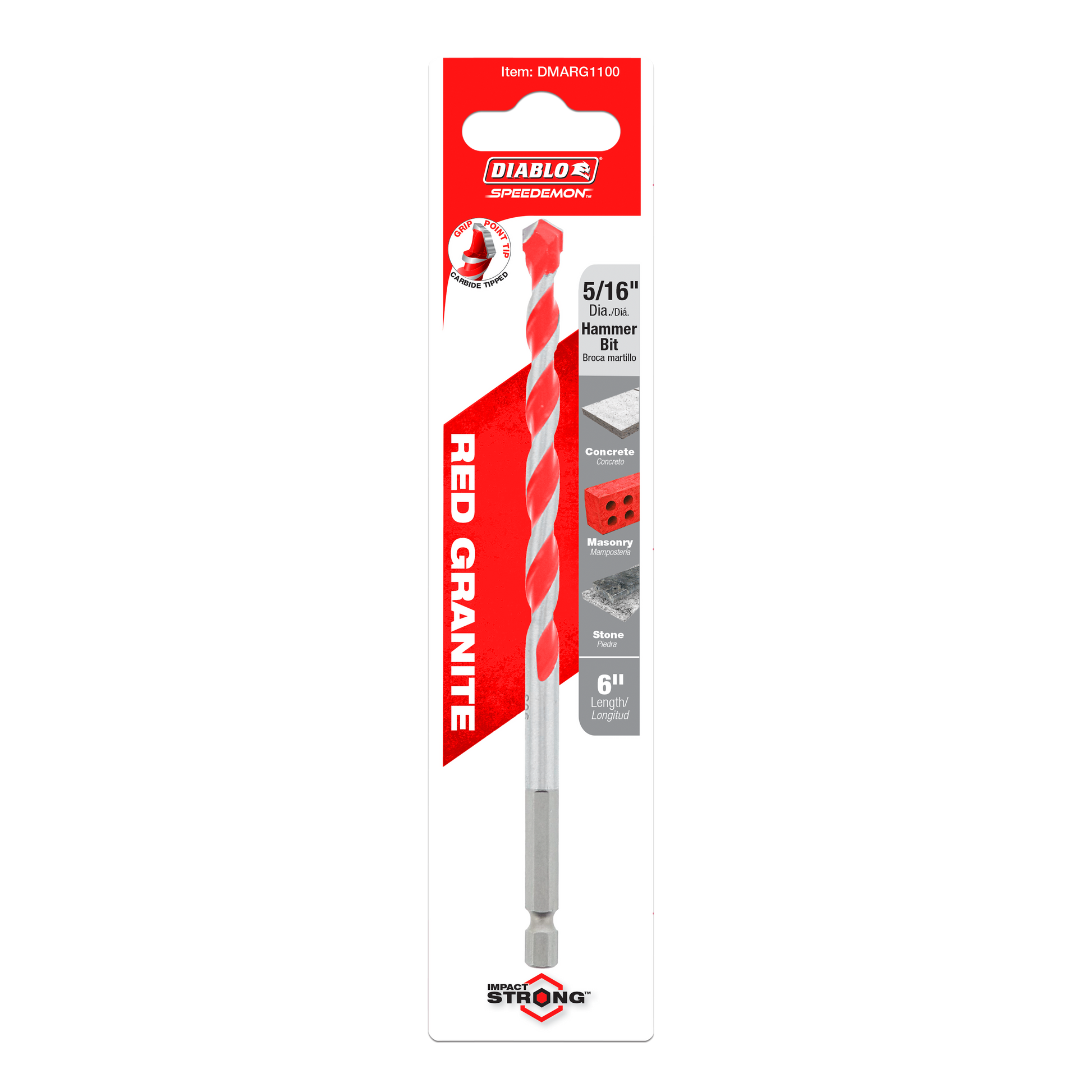 Red and gray 5/16-inch carbide-tipped hammer drill bit on red packaging labeled "Diablo SPEEDemon Red Granite."