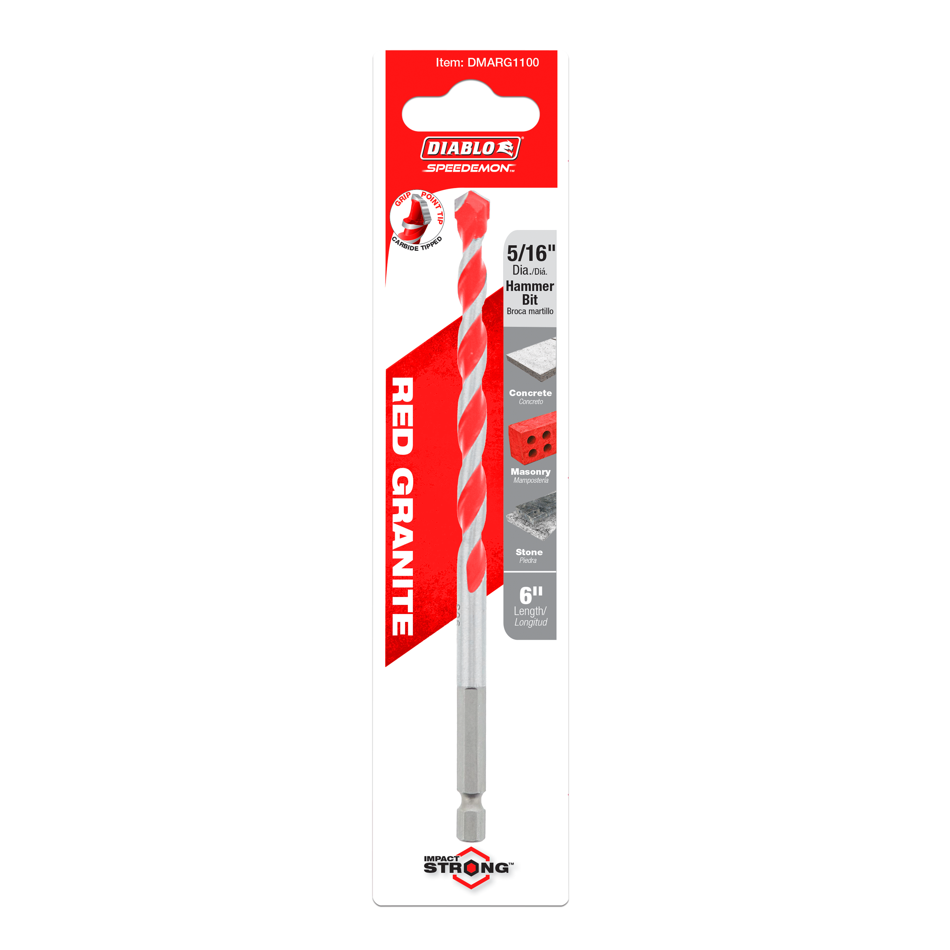 Red and gray 5/16-inch carbide-tipped hammer drill bit on red packaging labeled "Diablo SPEEDemon Red Granite."