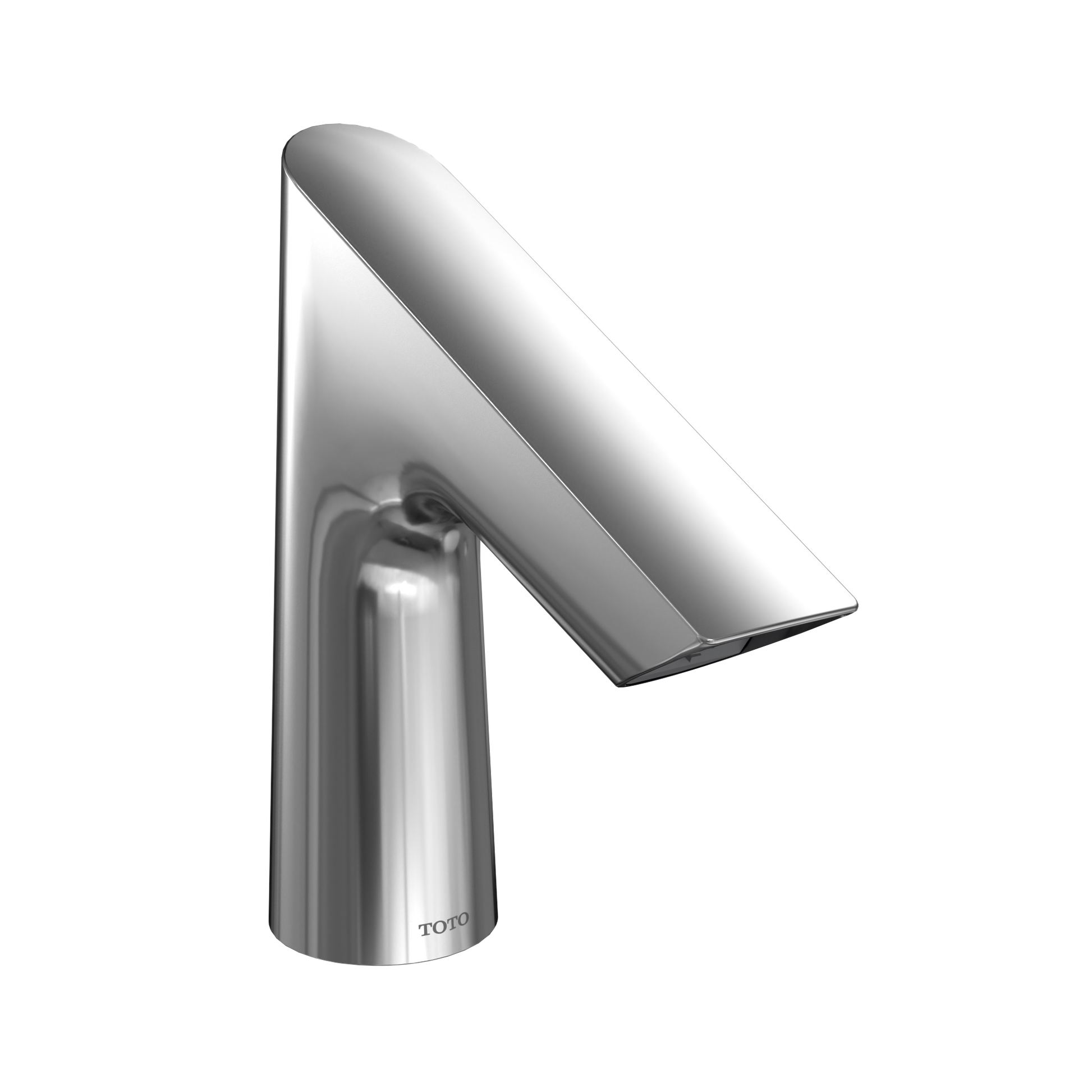 Polished chrome touchless bathroom faucet with angled spout and cylindrical base.