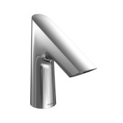 Polished chrome touchless bathroom faucet with curved spout and cylindrical base.