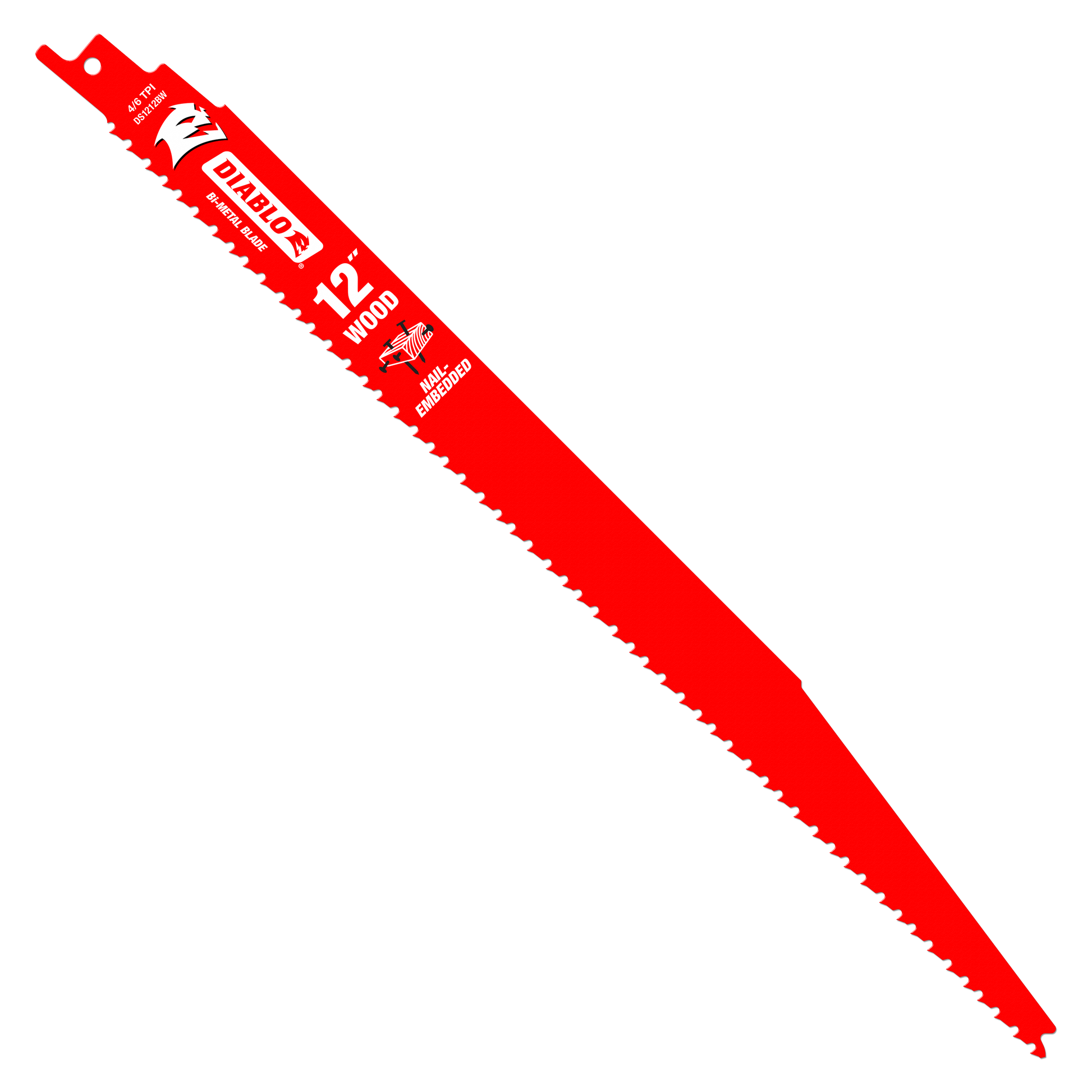 Red bi-metal reciprocating saw blade with serrated cutting edge and mounting tang.
