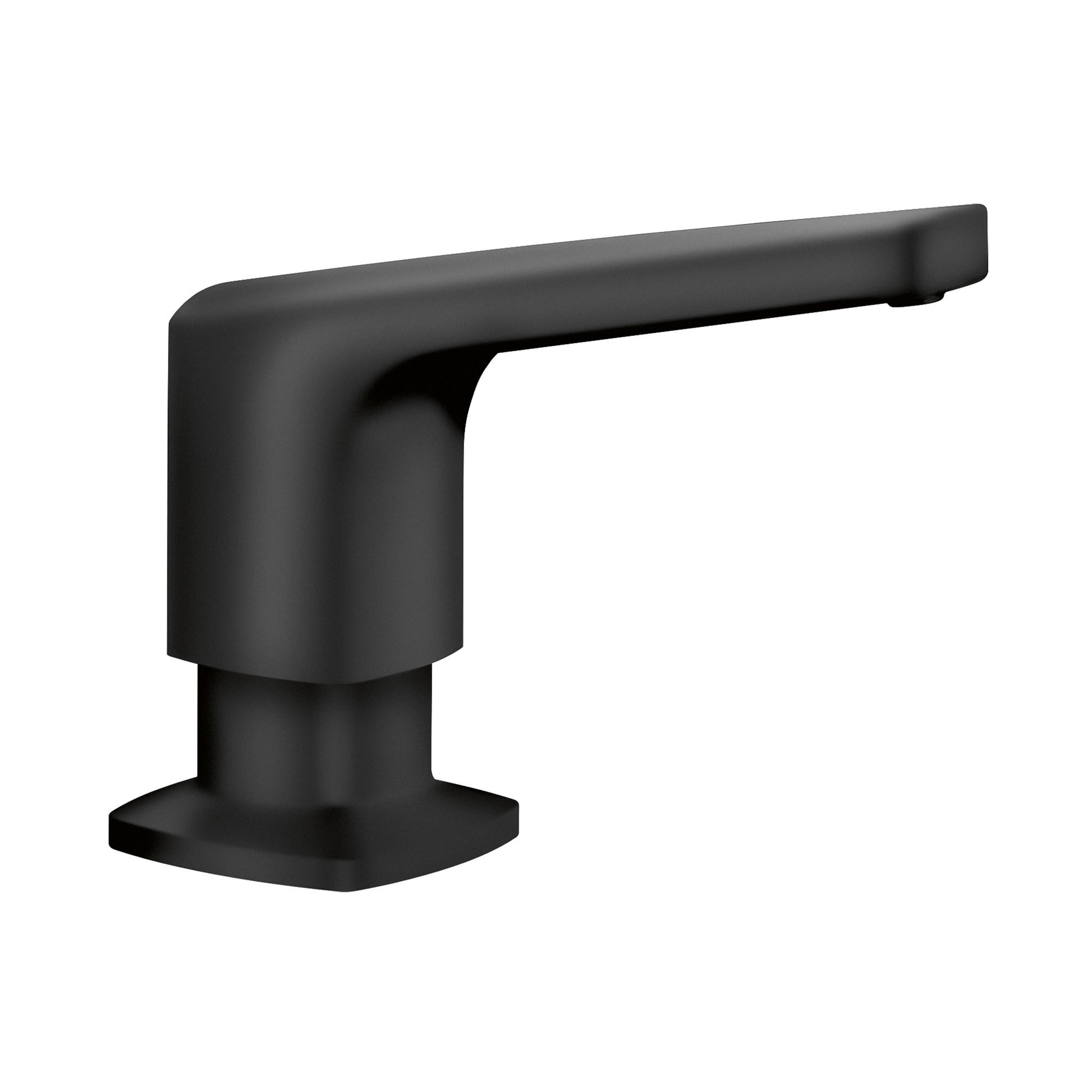 Matte black soap dispenser with angular design and square base.