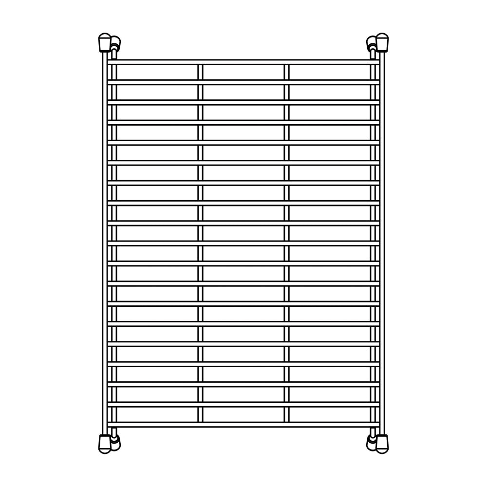 Stainless steel sink grid with horizontal and vertical bars creating rectangular compartments, corner feet for floating insta