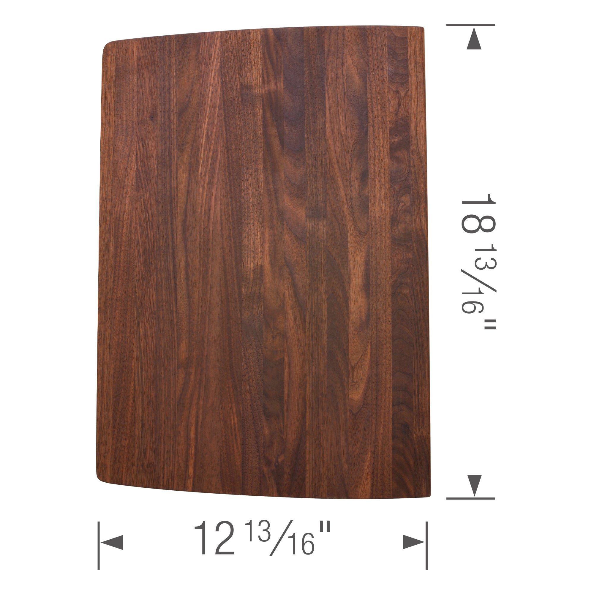 Dark wood cutting board with curved corners and visible grain pattern, measuring 12 13/16" by 18 1/3".