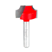 Red ovolo router bit with rounded cutting edges and silver metal shank.