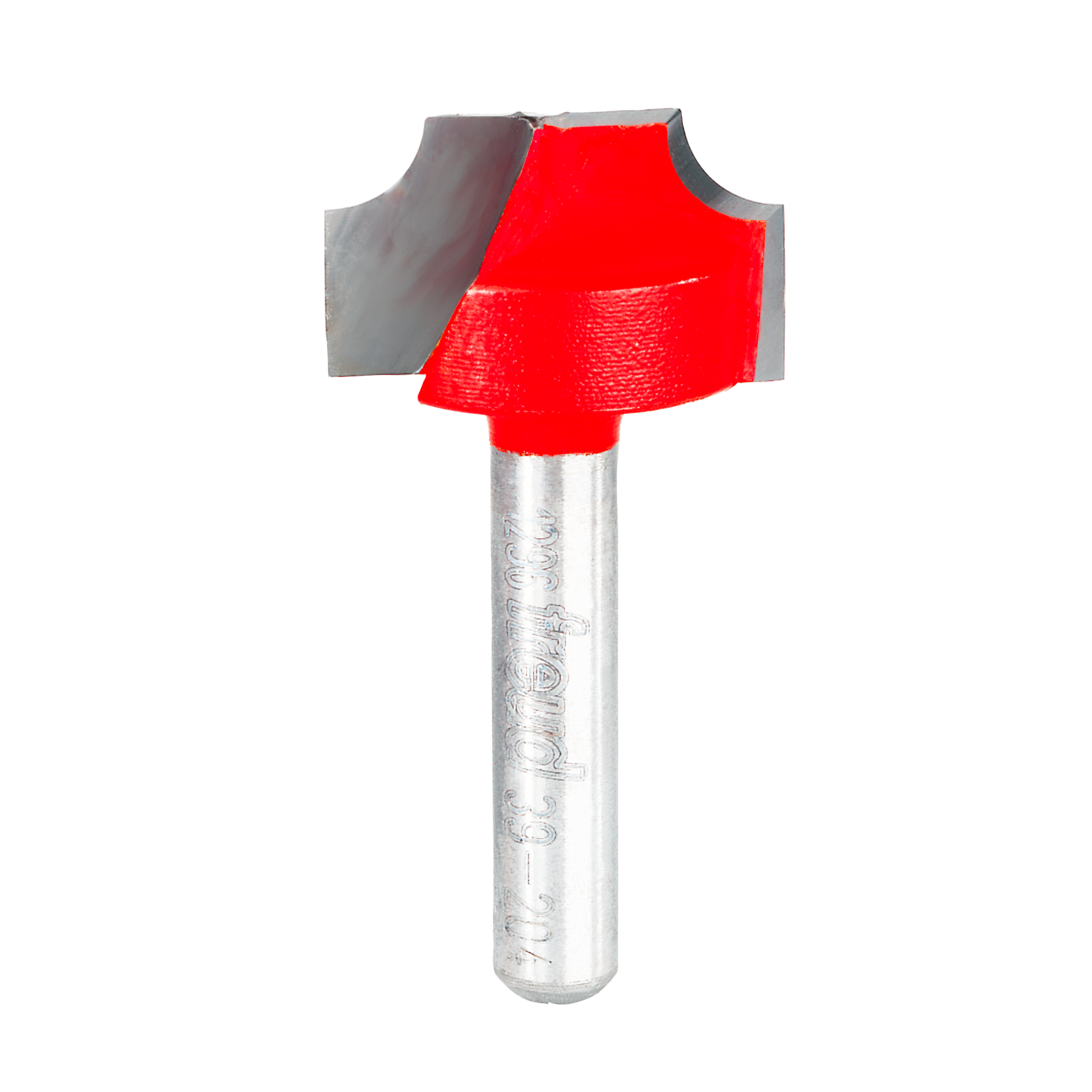 Red ovolo router bit with rounded cutting edges and silver metal shank.