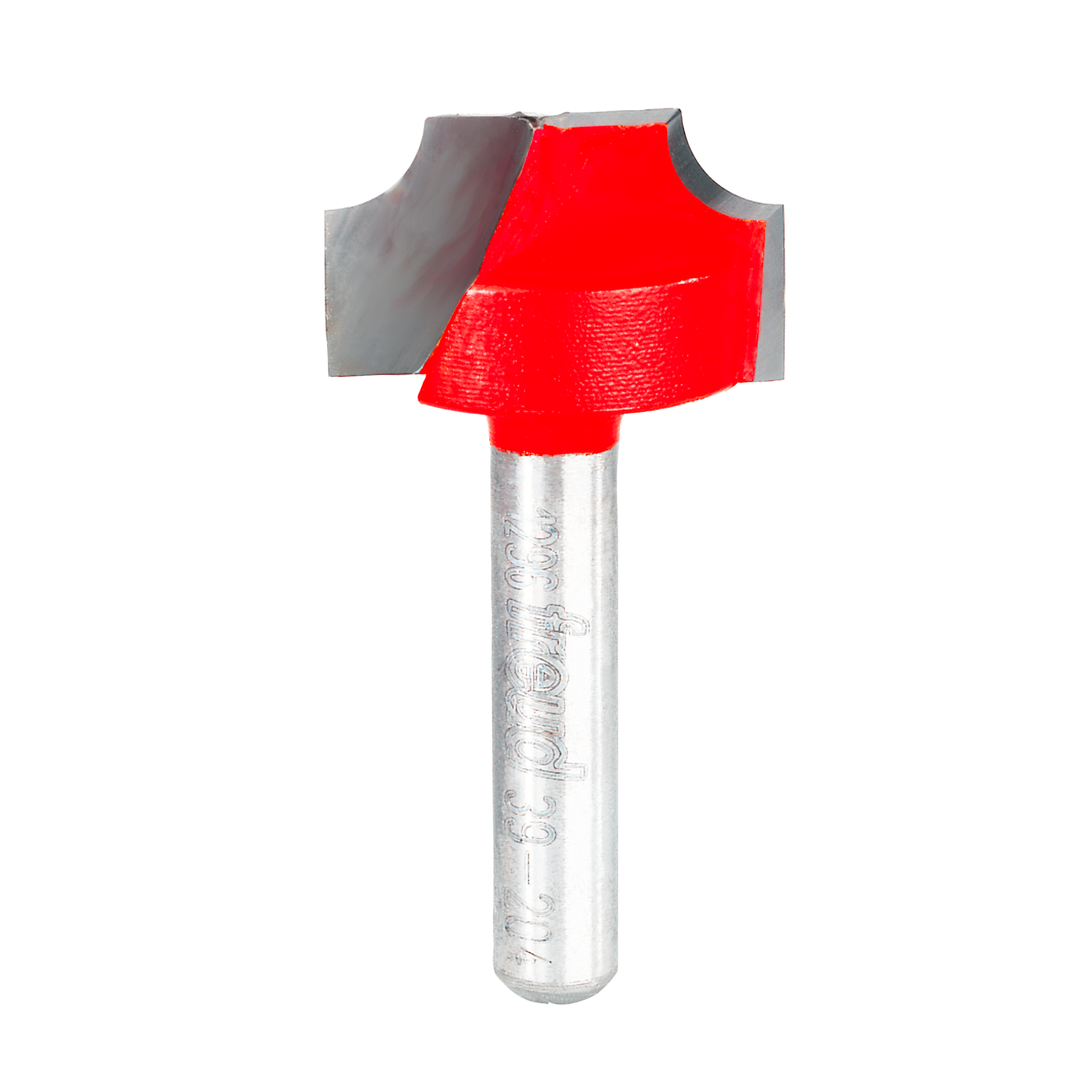Red ovolo router bit with rounded cutting edges and silver metal shank.