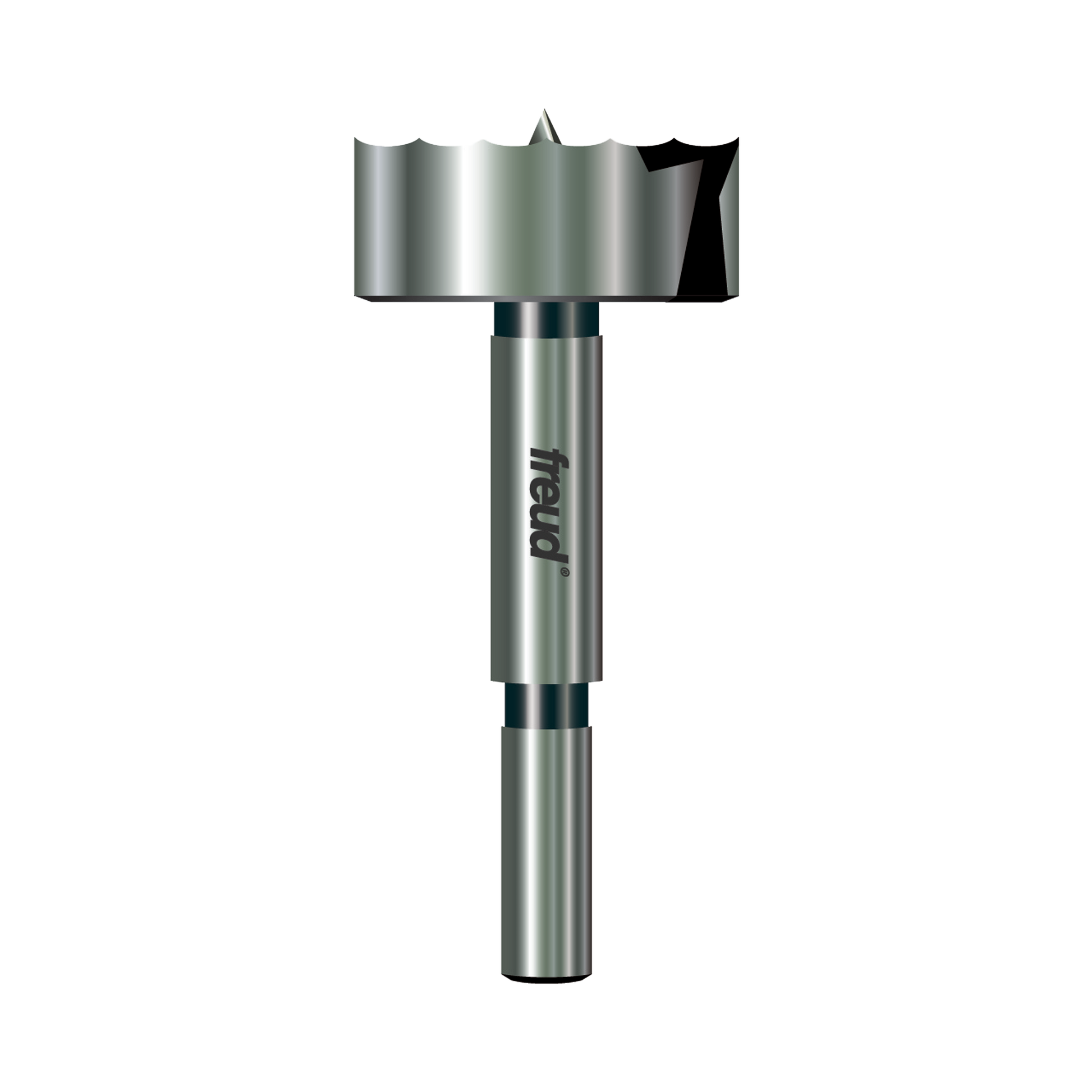Freud PB-011 Forstner bit with cylindrical shank and wide flat cutting head with center point.