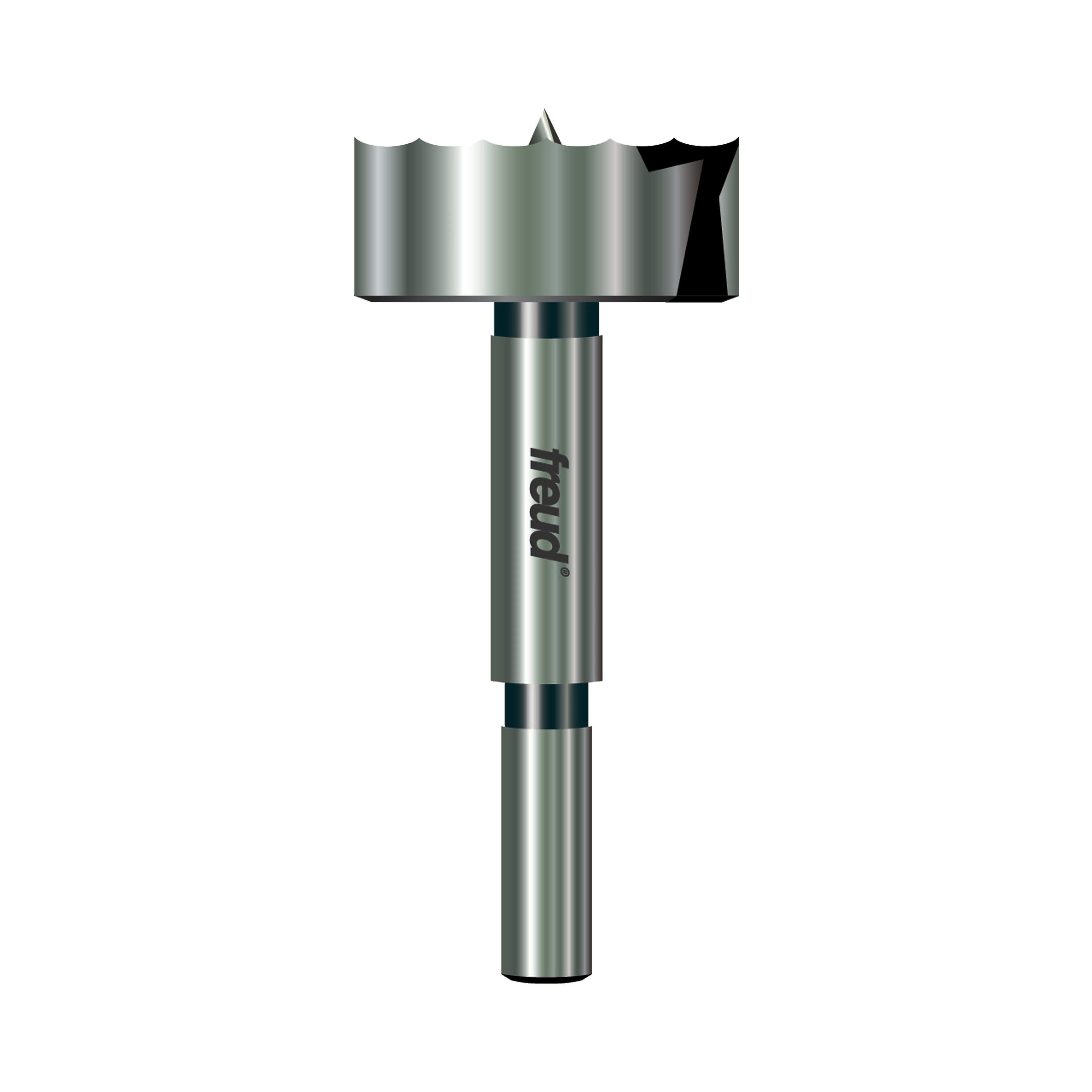 Freud PB-011 Forstner bit with cylindrical shank and wide flat cutting head with center point.