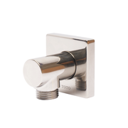 Polished nickel square wall outlet with angled handshower connection and threaded port.