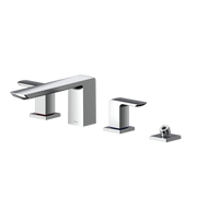 Polished chrome two-handle deck-mount roman tub filler with curved spout and separate handheld showerhead.