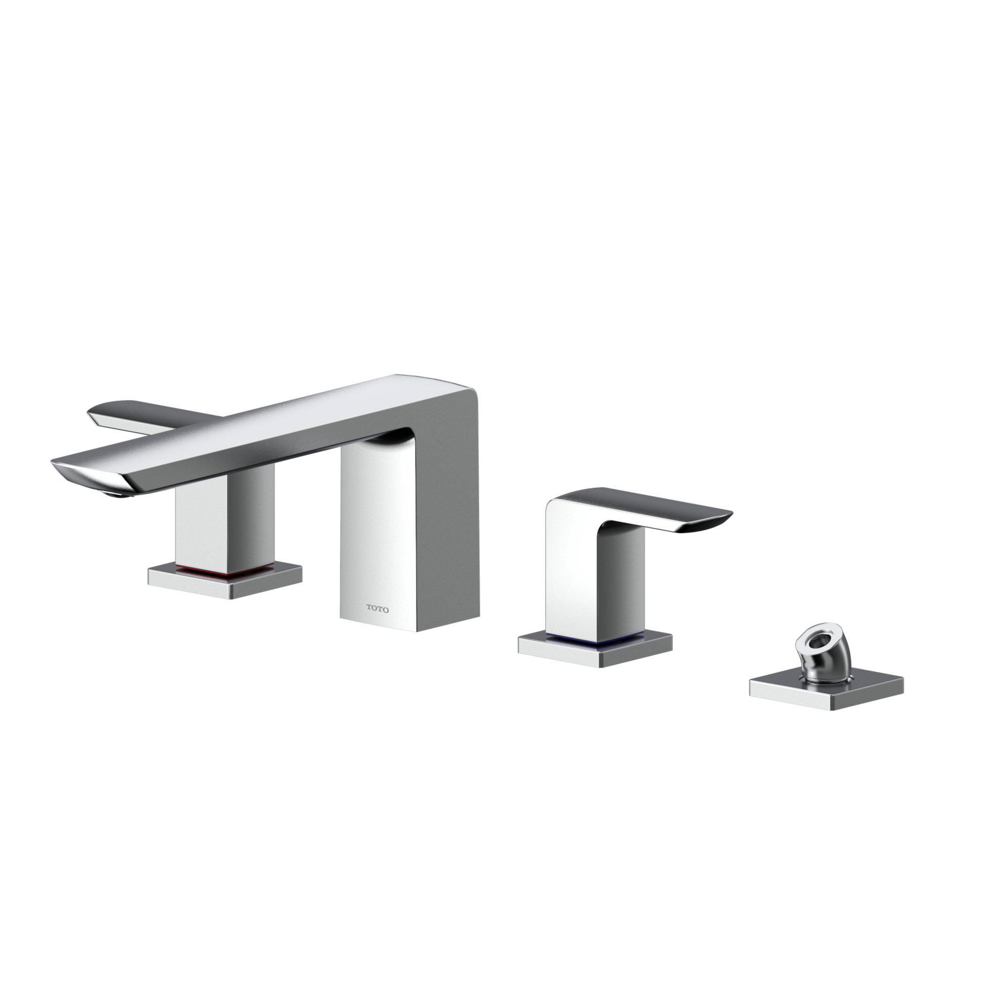 Polished chrome two-handle deck-mount roman tub filler with curved spout and separate handheld showerhead.