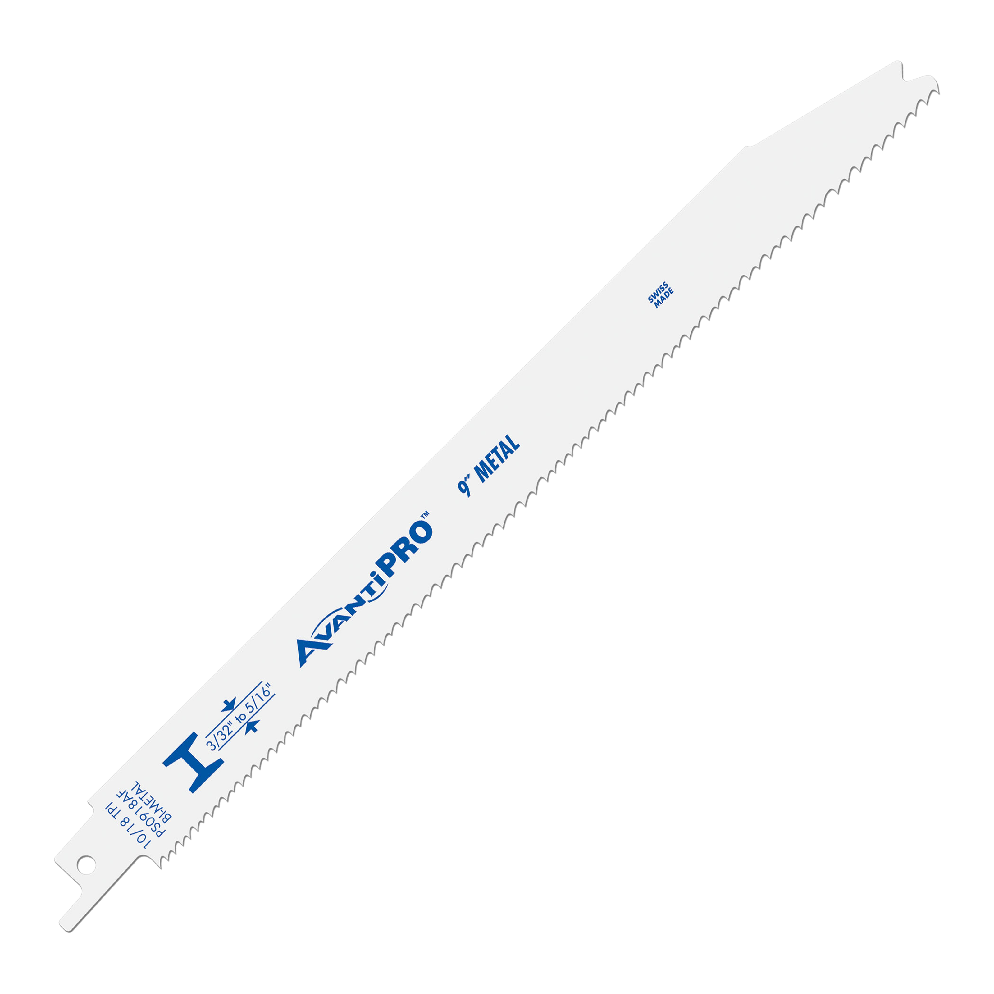 AvantiPro 9" bi-metal reciprocating saw blade with serrated cutting edge and mounting slot.
