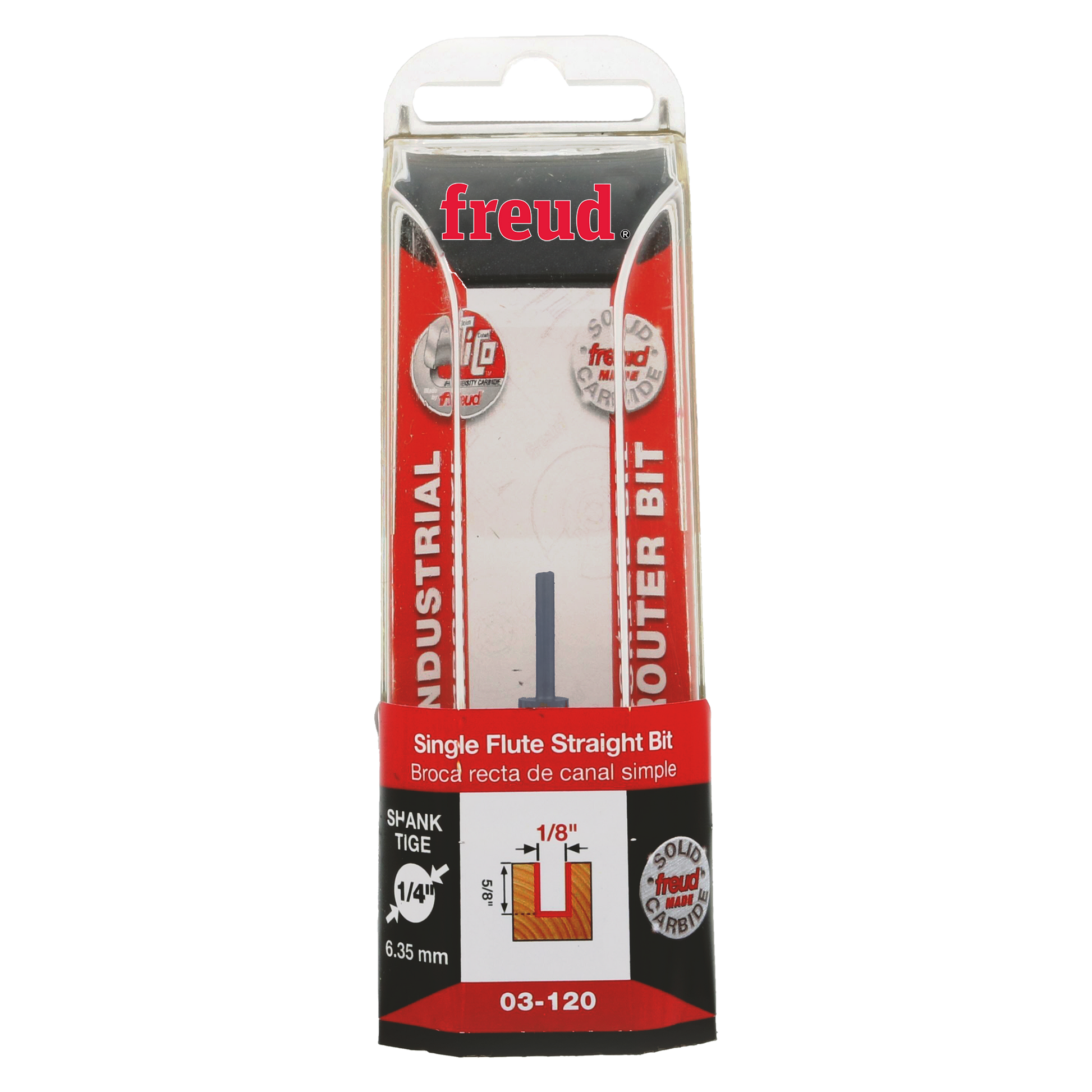 Freud 03-120 router bit with 1/8" diameter single flute straight cutting edge in clear clamshell packaging.