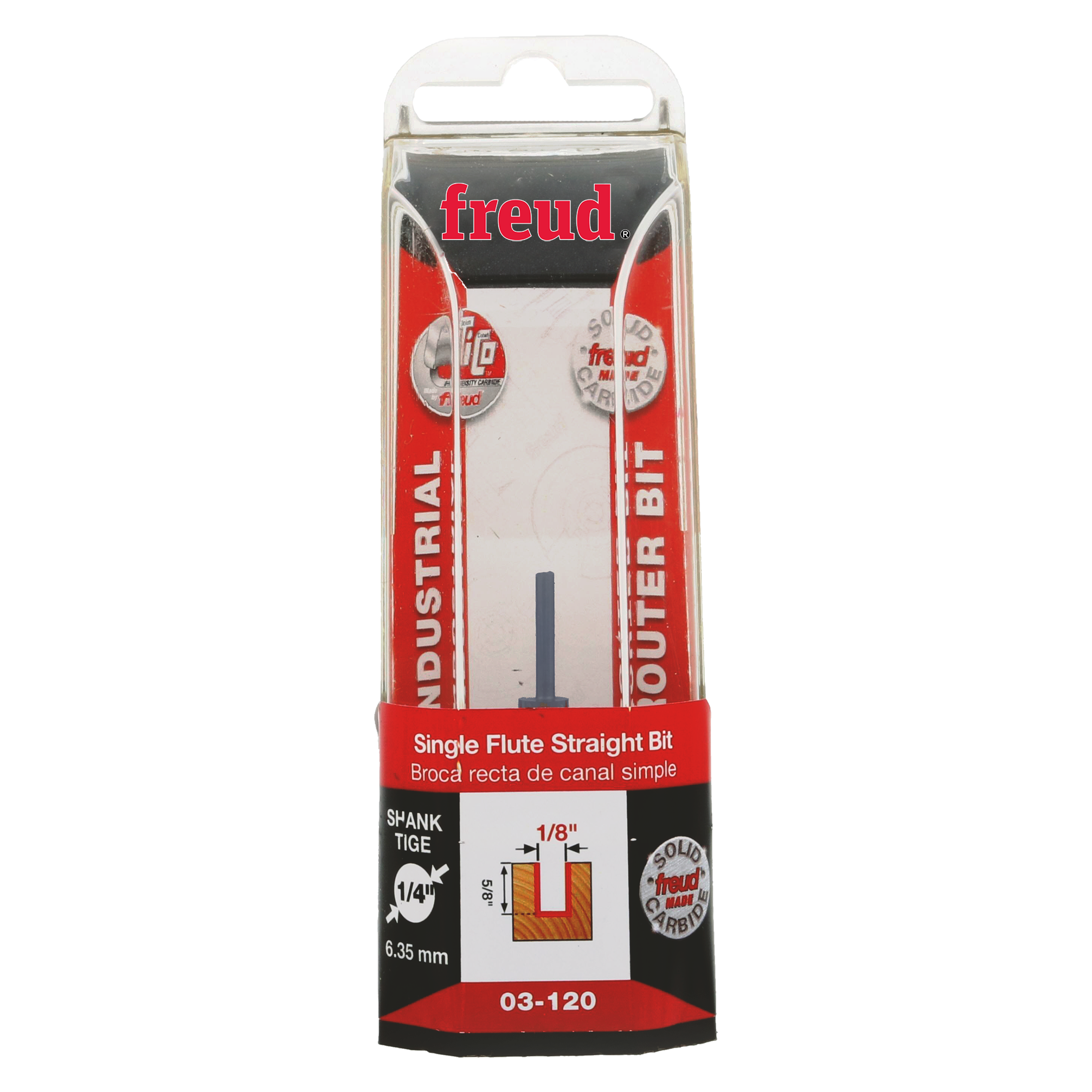 Freud 03-120 router bit with 1/8" diameter single flute straight cutting edge in clear clamshell packaging.