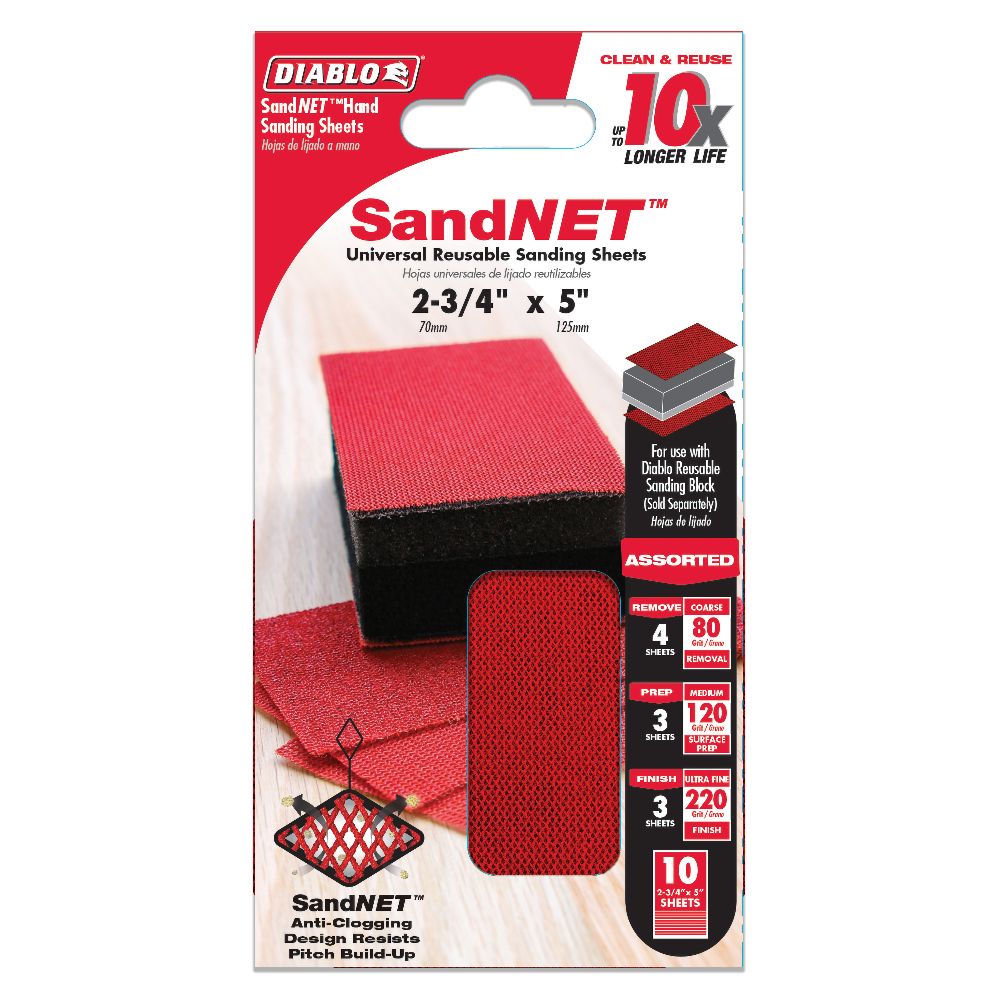 Ten assorted reusable sanding sheets measuring 2-3/4 by 5 inches in various grit levels.