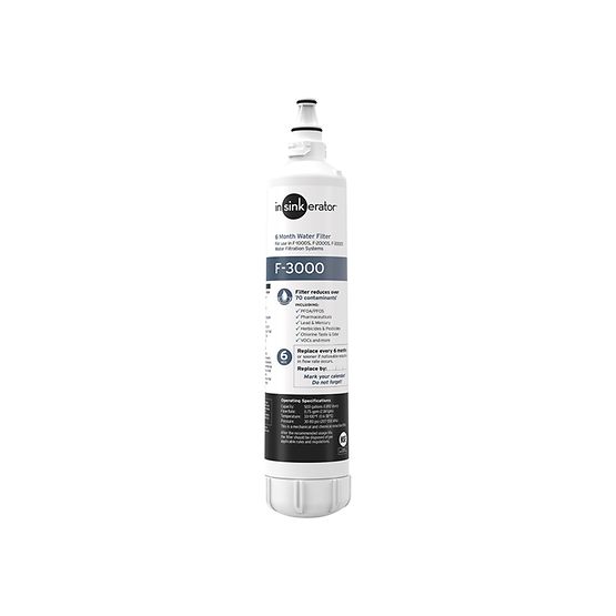 InSinkErator F-3000 replacement water filter cartridge with white and black labeling.