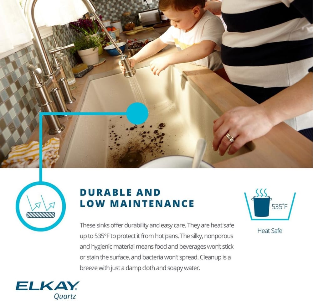 Bisque quartz double bowl undermount sink with two unequal basins and chrome faucet in kitchen.