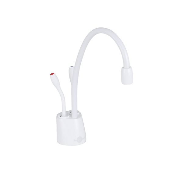 White instant hot and cold water faucet with curved spout and separate control handle on left side.