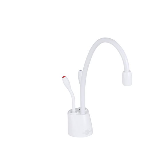 White instant hot and cold water faucet with curved gooseneck spout and separate handle on cylindrical base.