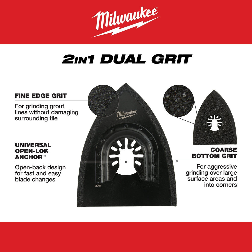 Milwaukee OPEN-LOK 2-in-1 hybrid carbide grit blade with fine edge and coarse bottom surfaces for dual-purpose grinding.