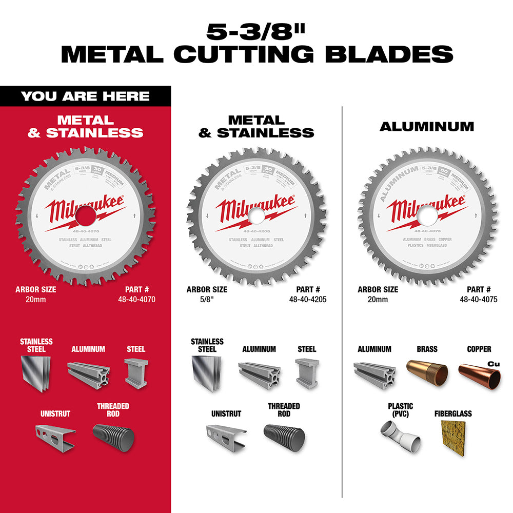 Milwaukee 5-3/8 inch circular saw blade with 30 teeth for metal and stainless steel cutting, 20mm arbor.