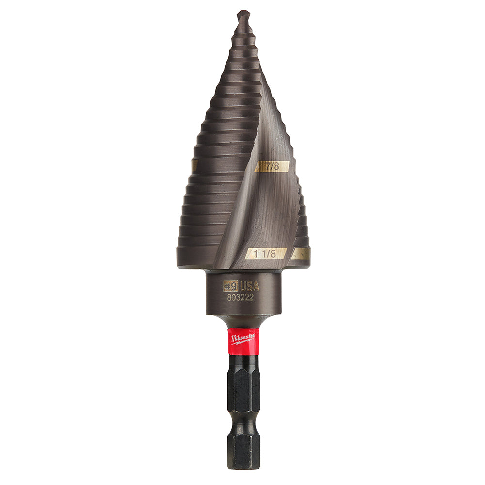 Milwaukee Shockwave Impact Duty step bit with conical flutes, marked 7/8" and 1 1/8", with red and black hex shank.