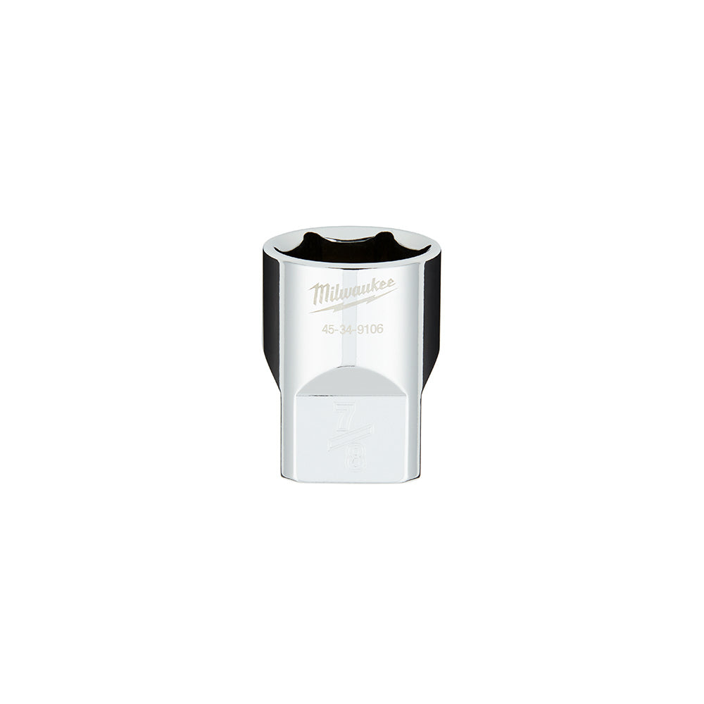 Milwaukee 1/2 in. drive 7/8 in. SAE 6-point socket with flat sides and black grip.