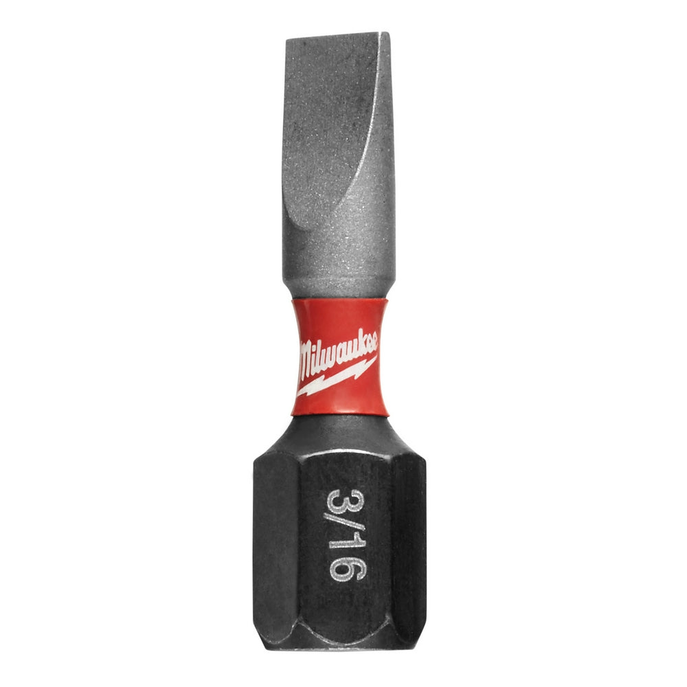 Single Milwaukee Shockwave slotted insert bit with 3/16 in. tip, red band, and black hexagonal shaft marked "3/16".